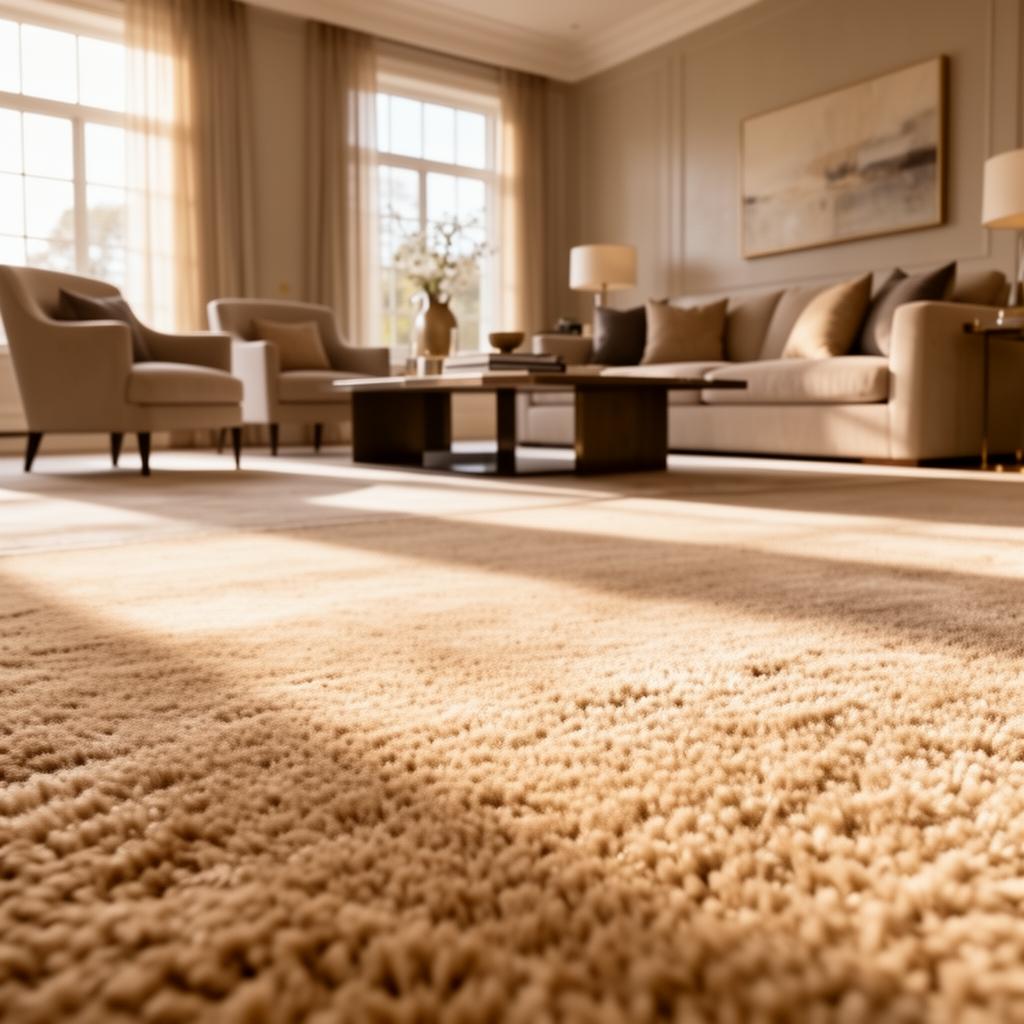 Sunlit living room with plush carpet installed by Clemmons Carpet